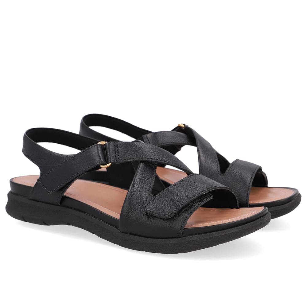 Sandália Plataforma Couro Preta Fecho-Flex