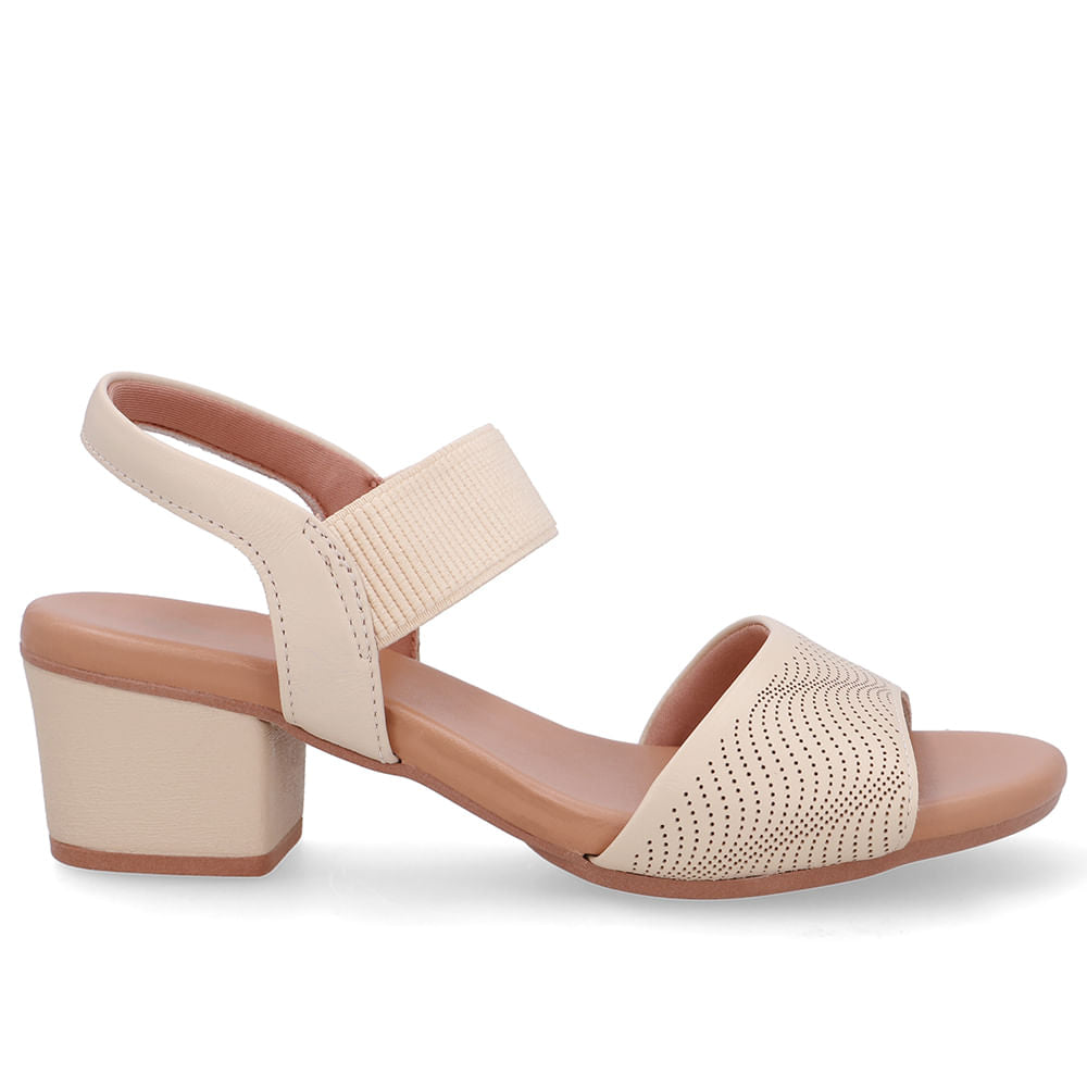 Sandália Salto Bloco Couro Bege Elástico