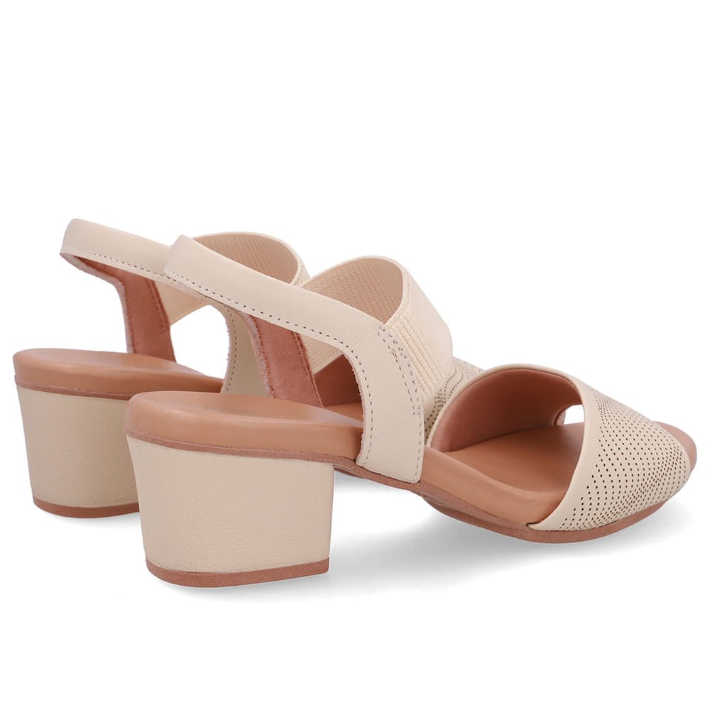 Sandália Salto Bloco Couro Bege Elástico