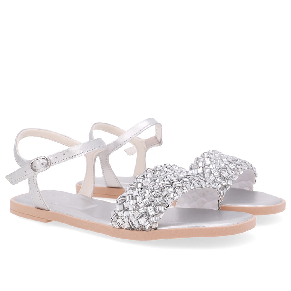 Sandália Rasteira Couro Prata Brilho