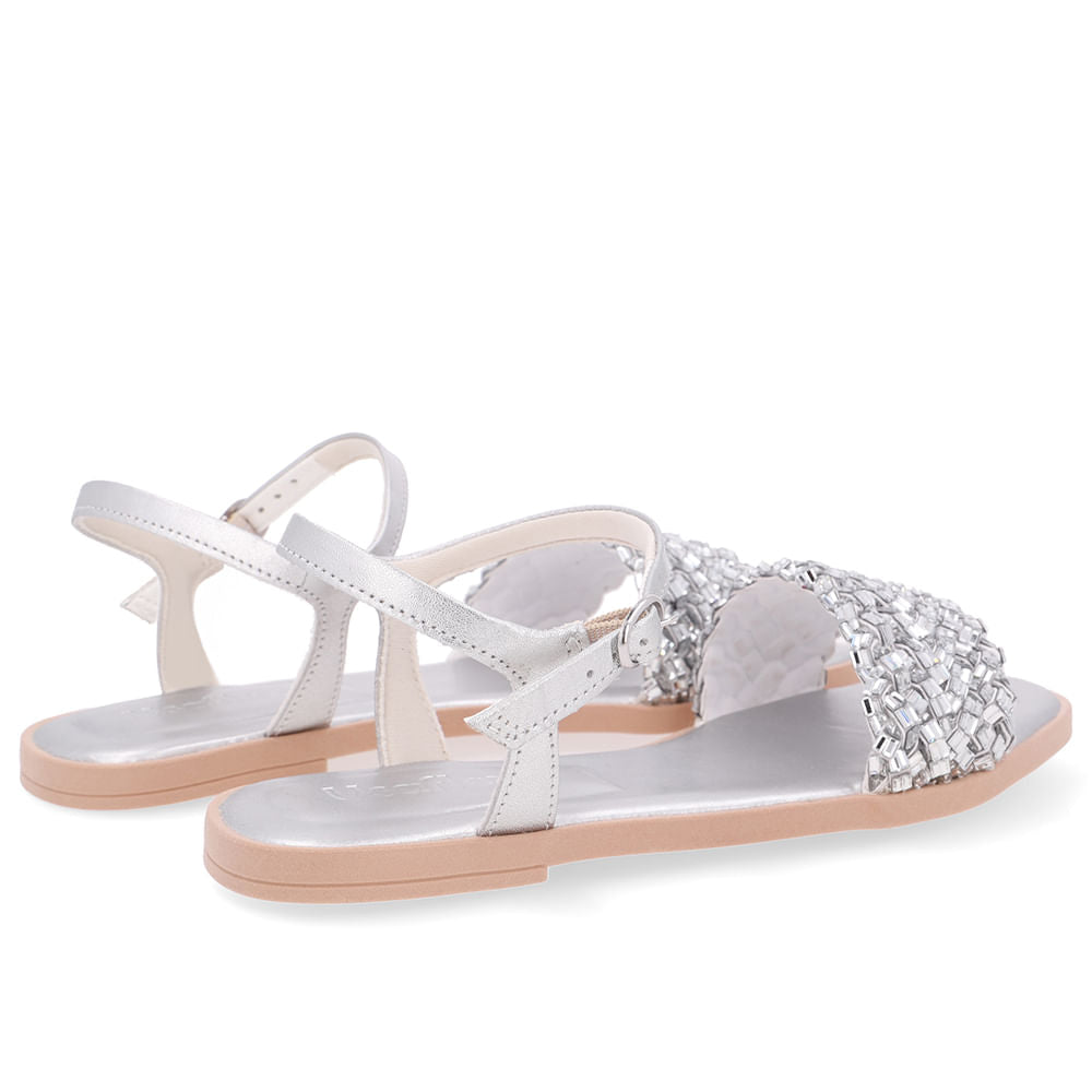 Sandália Rasteira Couro Prata Brilho