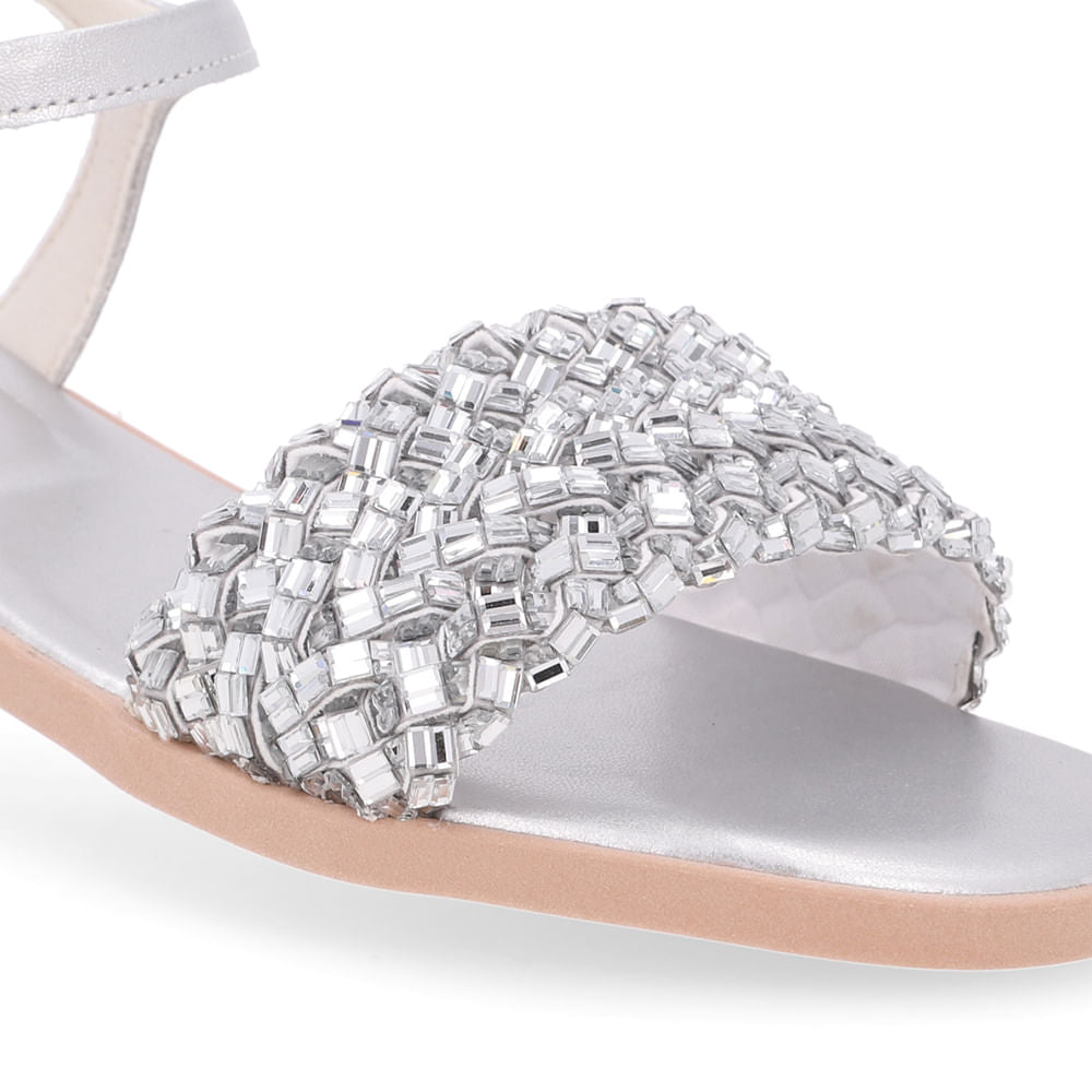 Sandália Rasteira Couro Prata Brilho