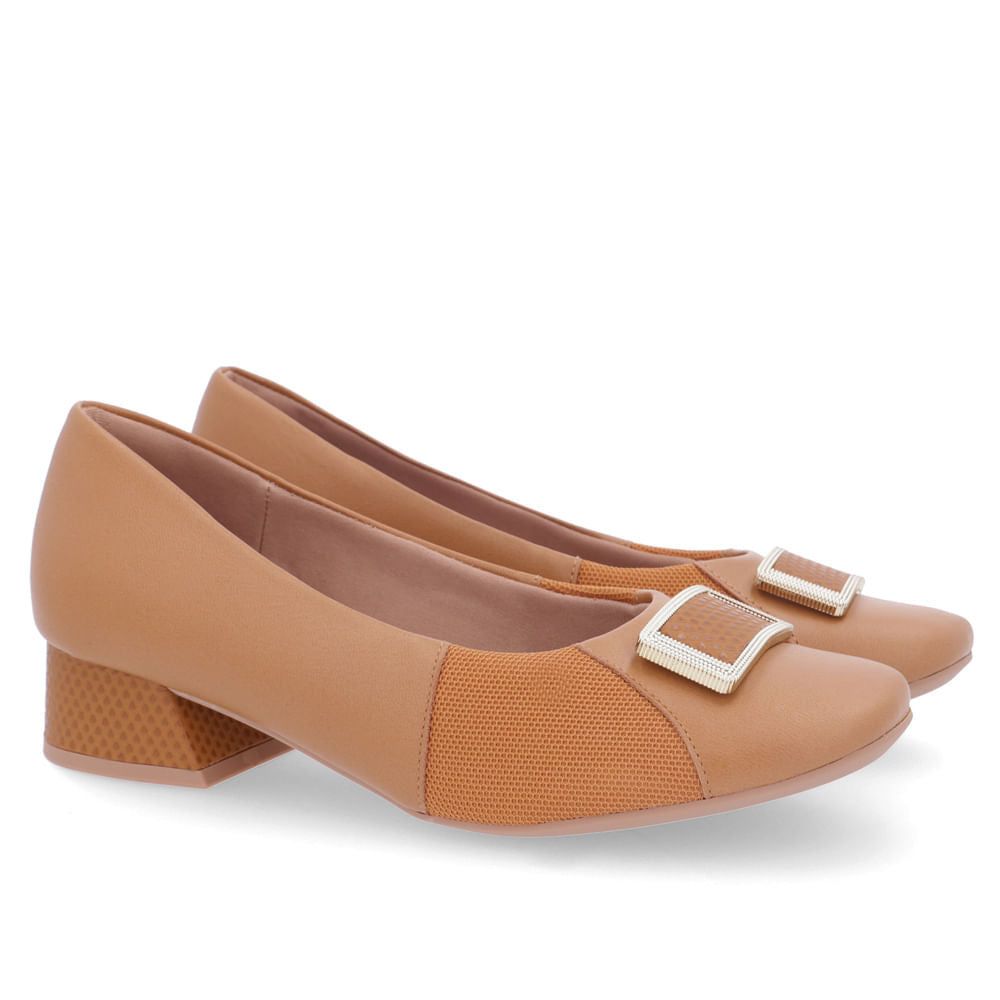 Scarpin Marrom Salto Bloco Couro Lateral Tecido