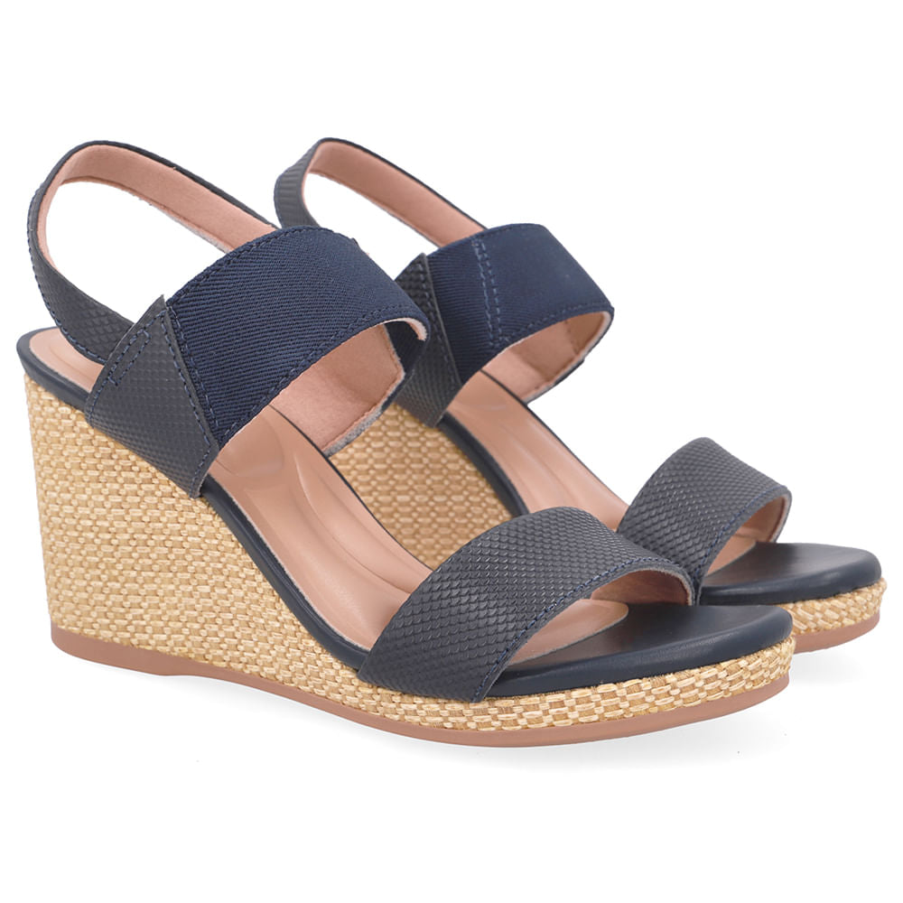 Sandália Anabela Palha Couro Azul