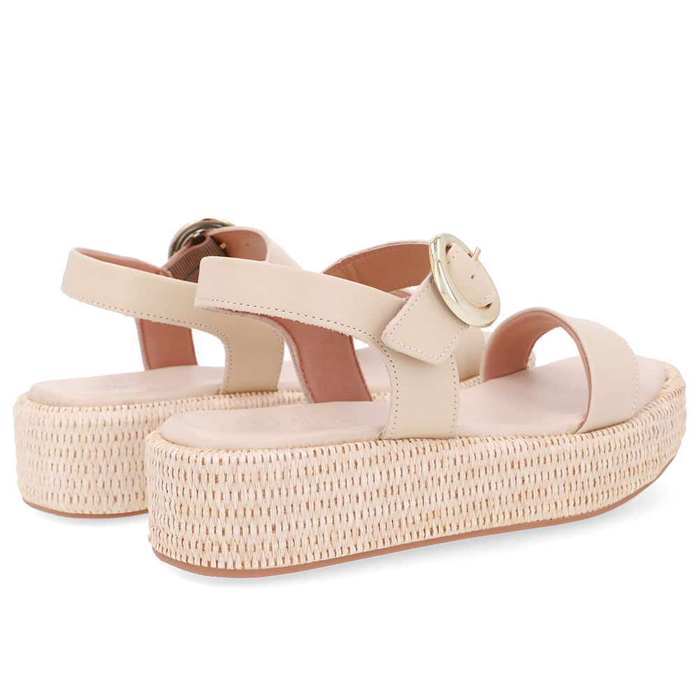 Sandália Plataforma Palha Couro Bege
