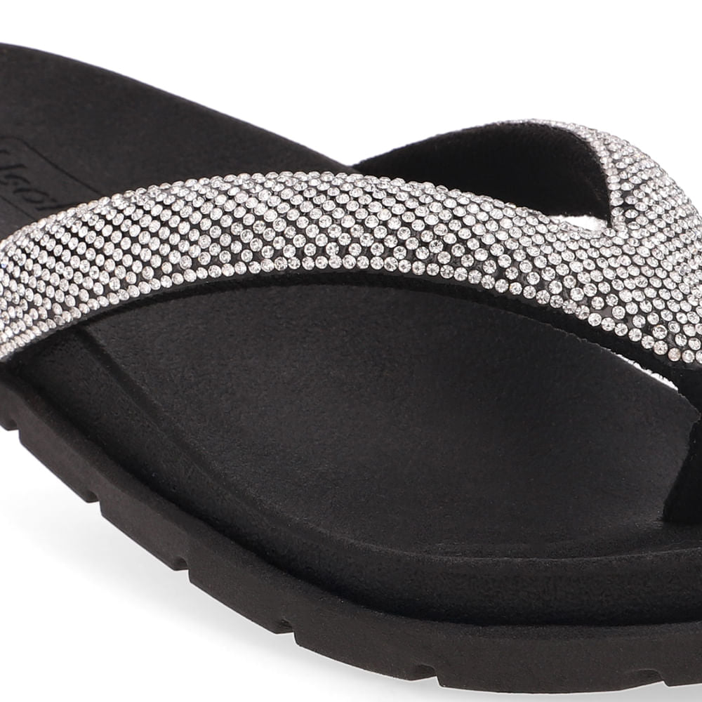 Chinelo Rasteiro Tecido Preto Brilho