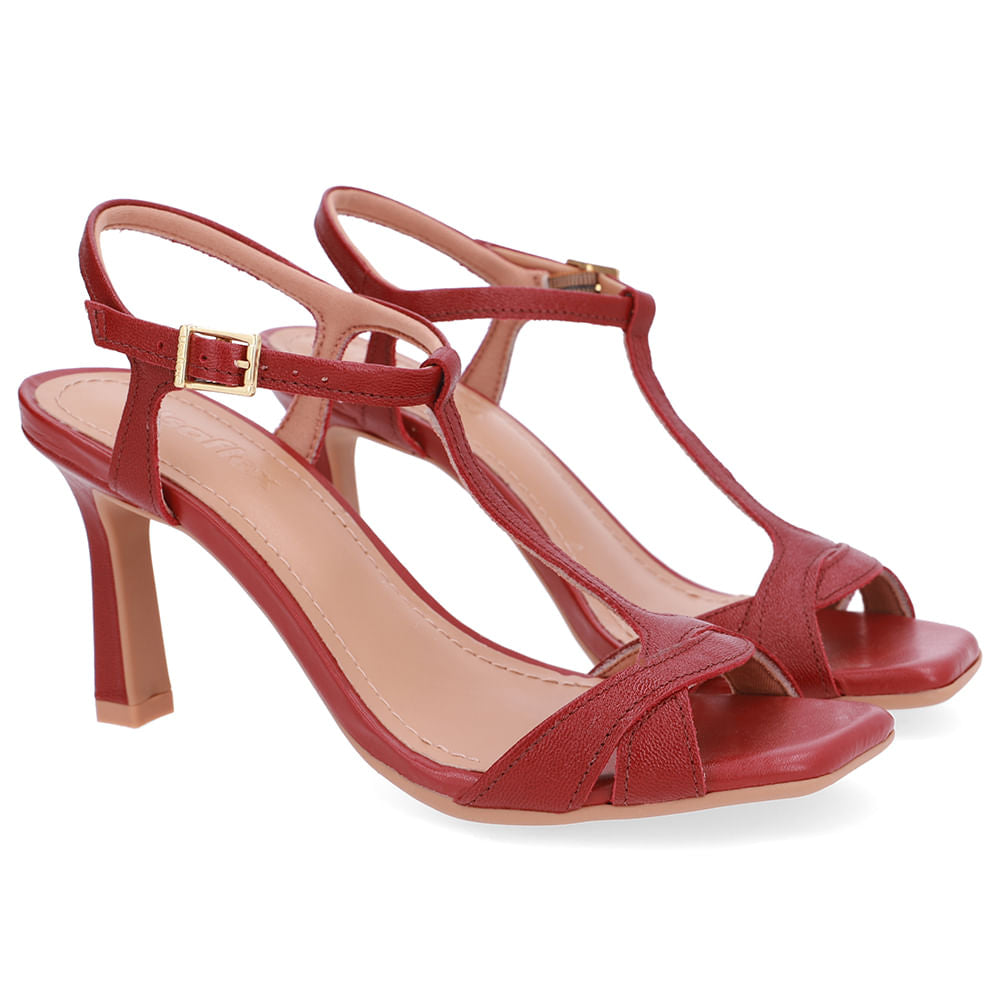 Sandália Salto Fino Couro Vermelha Bico Quadrado