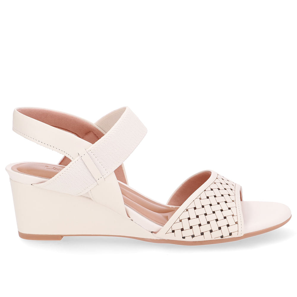 Sandália Salto Anabela Couro Branca Marfim Tira Elástico