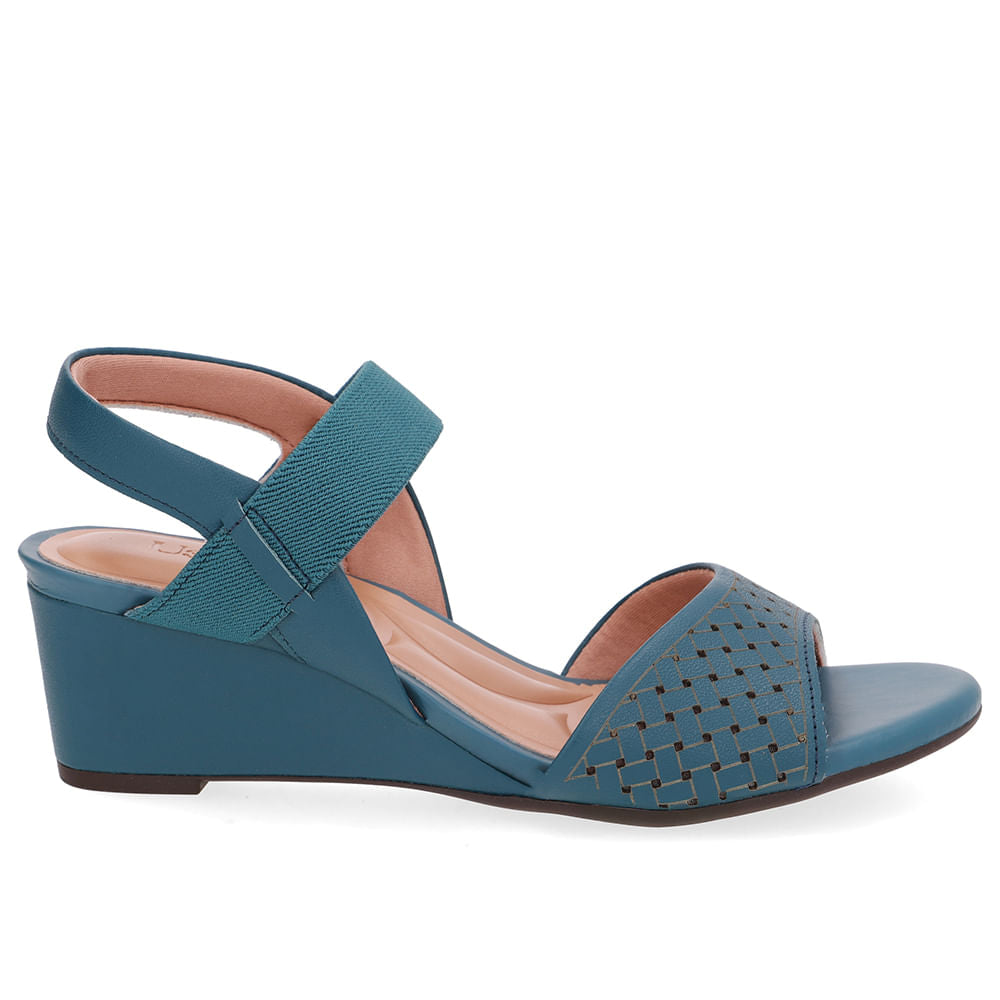 Sandália Salto Anabela Couro Azul Tira Elástico