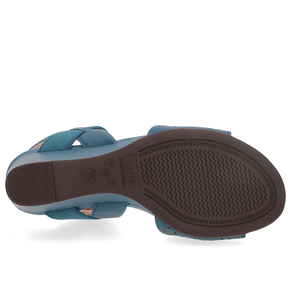 Sandália Salto Anabela Couro Azul Tira Elástico