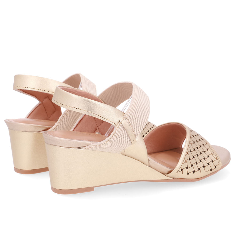 Sandália Salto Anabela Couro Dourado Tira Elástico