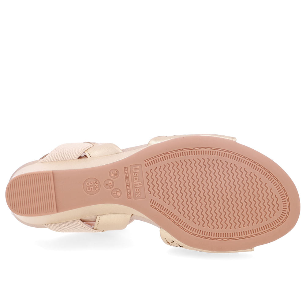 Sandália Salto Anabela Couro Dourado Tira Elástico