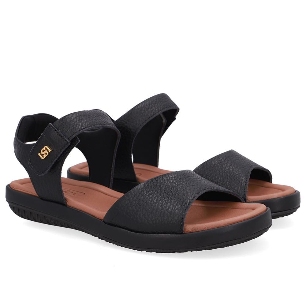 Sandália Baixa Couro Preta Fecho-Flex