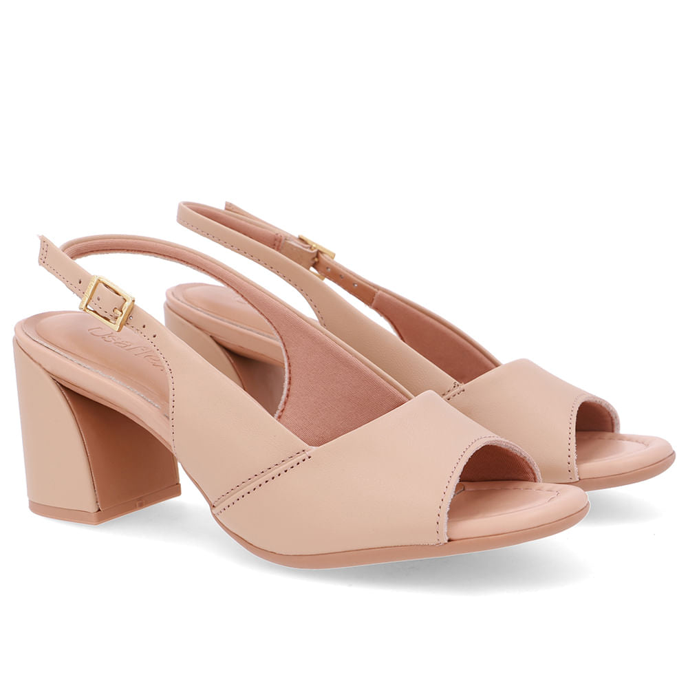 Sandália Salto Bloco Couro Bege Básica