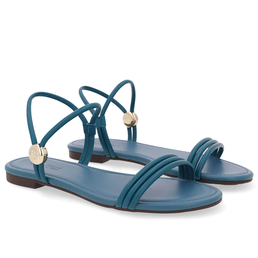 Sandália Rasteira Couro Tiras Azul