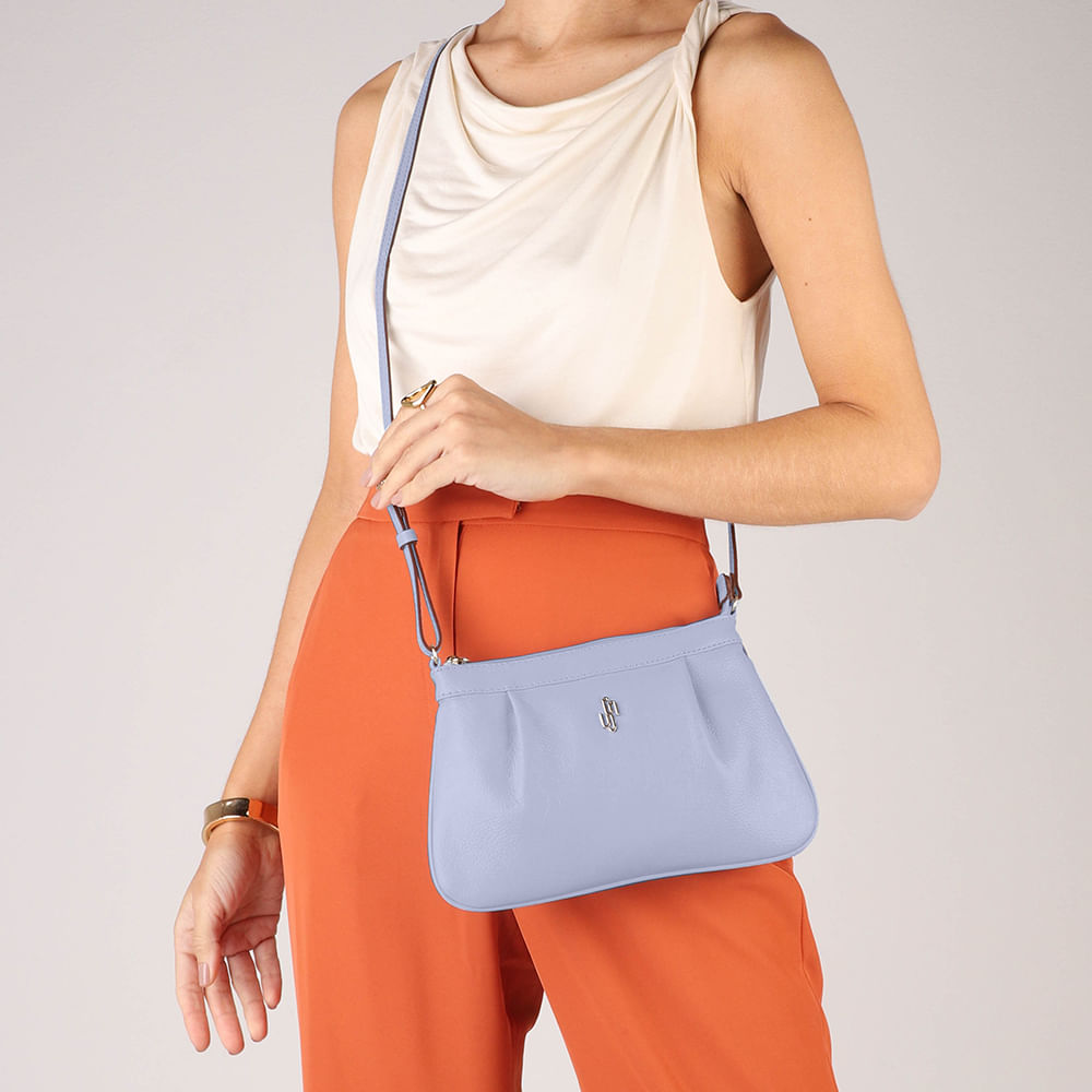 Bolsa Tiracolo Couro Azul Gelo Detalhe Franzido
