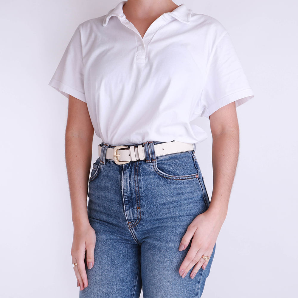 Cinto Couro Branco Marfim Básico Costura