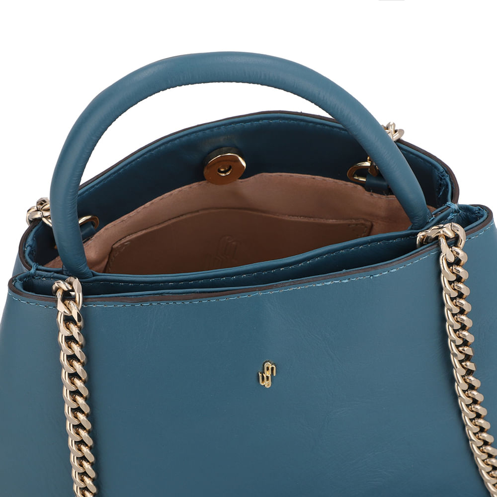 Bolsa Tote Couro Azul Esmeralda Detalhe Corrente