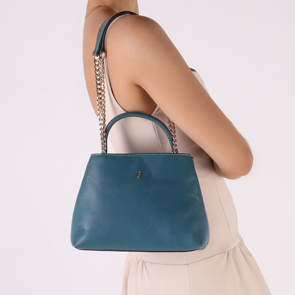 Bolsa Tote Couro Azul Esmeralda Detalhe Corrente