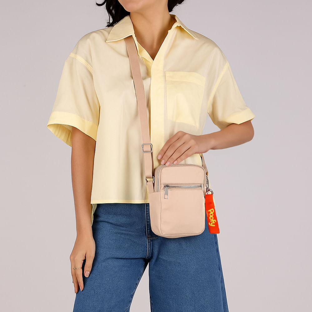 Bolsa Tiracolo Poofy Nylon Bege Zíper