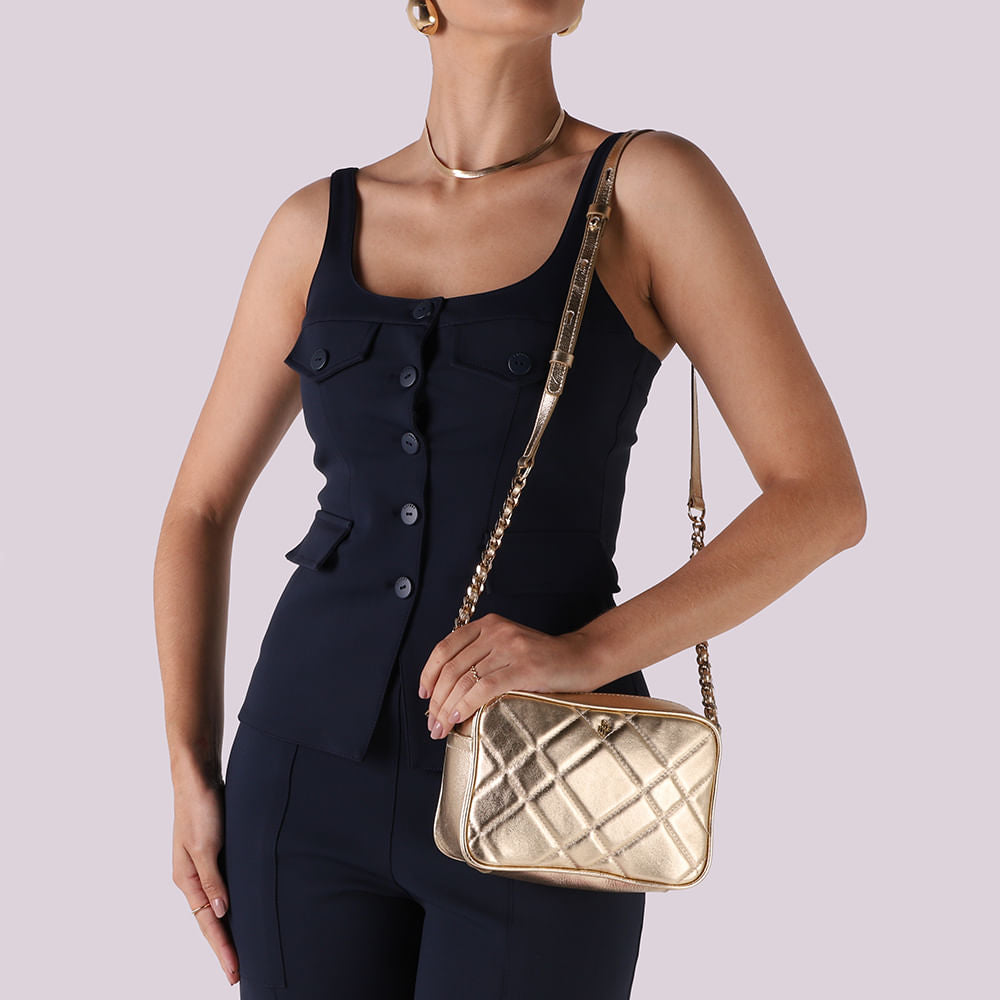 Bolsa Tiracolo Couro Metalalizado Ouro Light