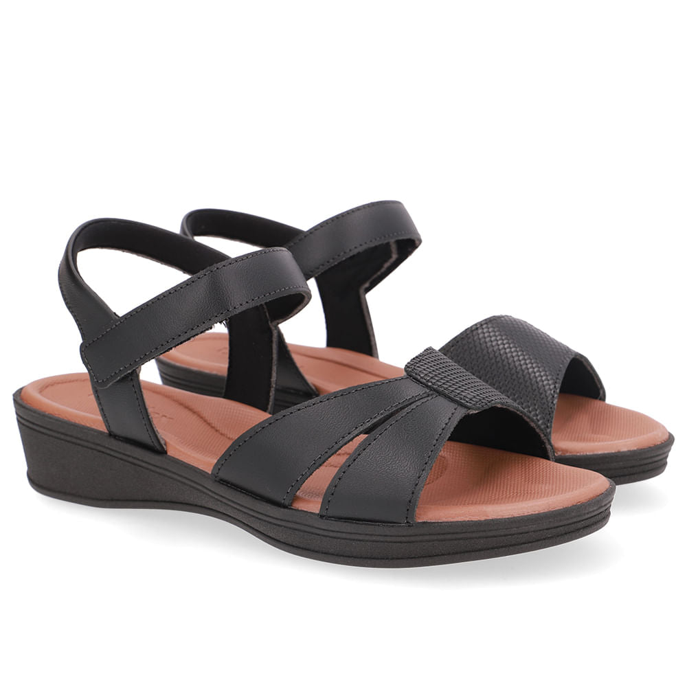 Sandália Baixa Couro Preta Corte Lateral