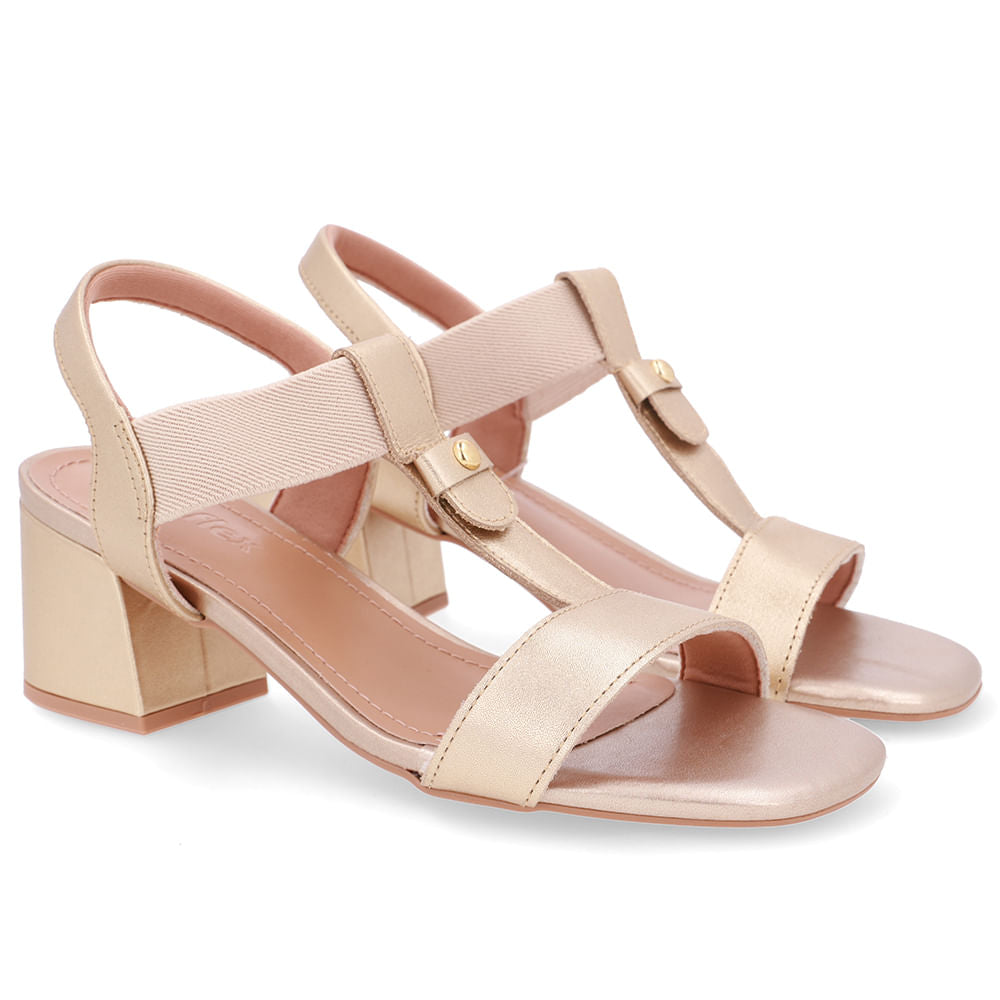 Sandália Couro Dourada Tira Elástico