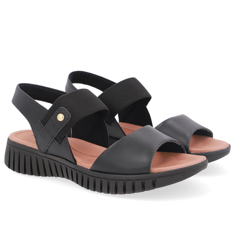 Sandália Plataforma Couro Preta Tira Elástico