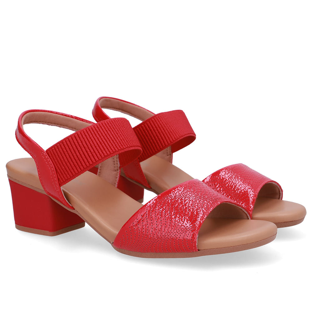 Sandália Salto Bloco Couro Vermelha Elástico