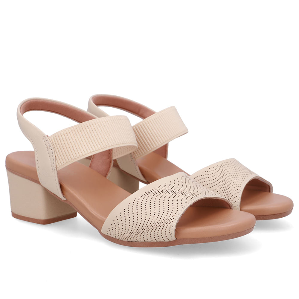 Sandália Salto Bloco Couro Bege Elástico