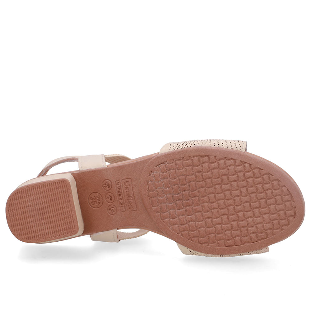 Sandália Salto Bloco Couro Bege Elástico