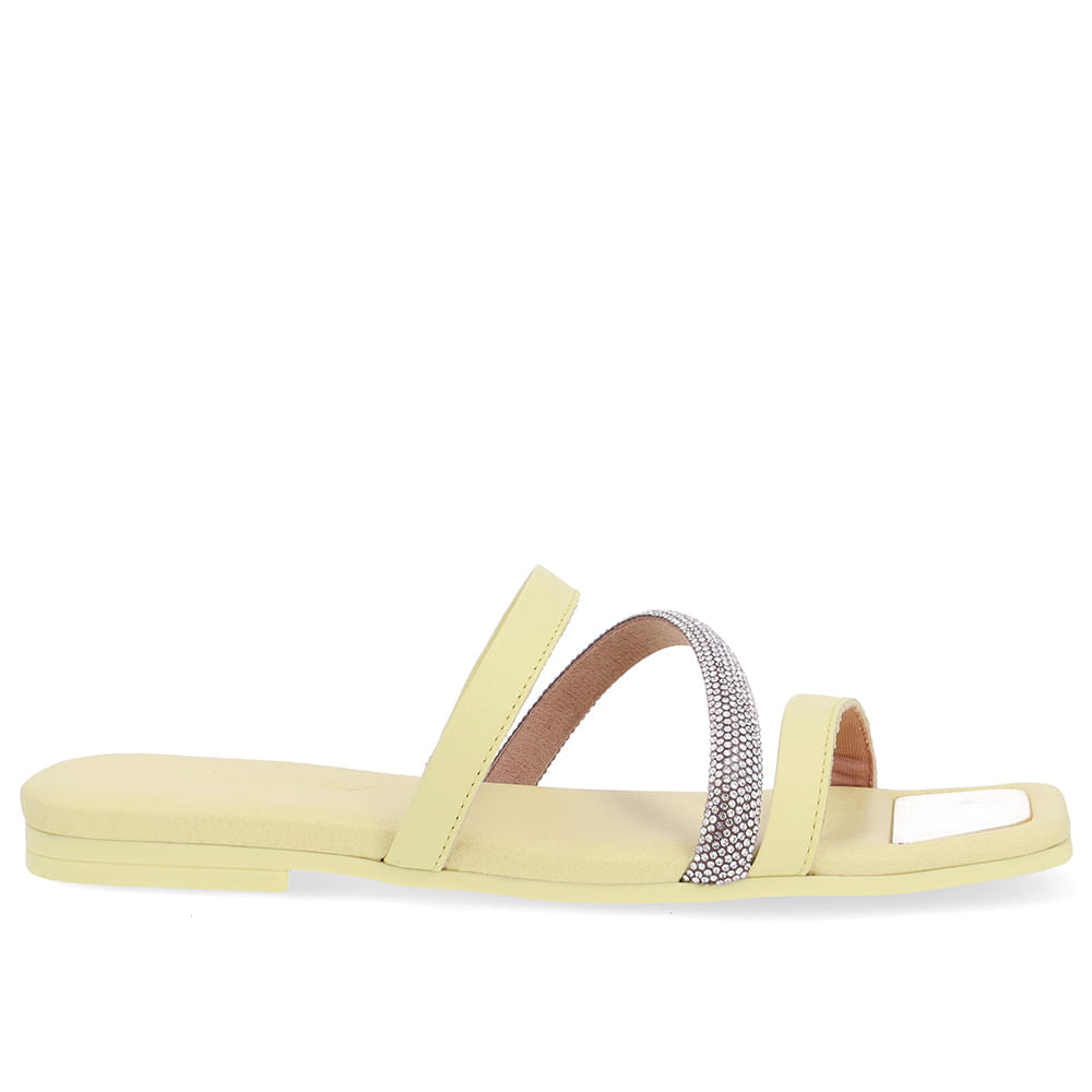 Rasteira Bico Quadrado Couro Amarelo Strass