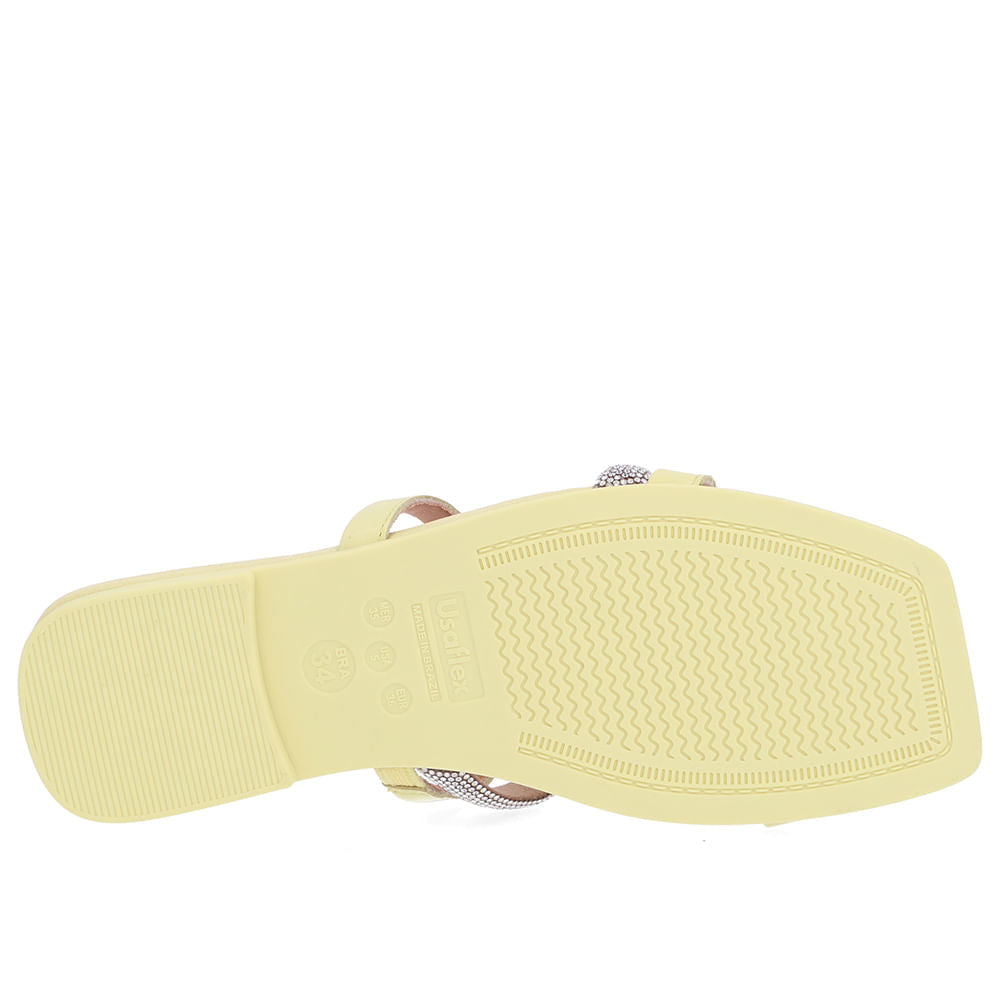 Rasteira Bico Quadrado Couro Amarelo Strass