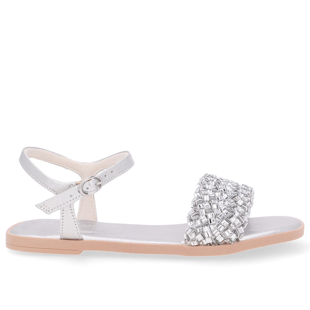 Sandália Rasteira Couro Prata Brilho