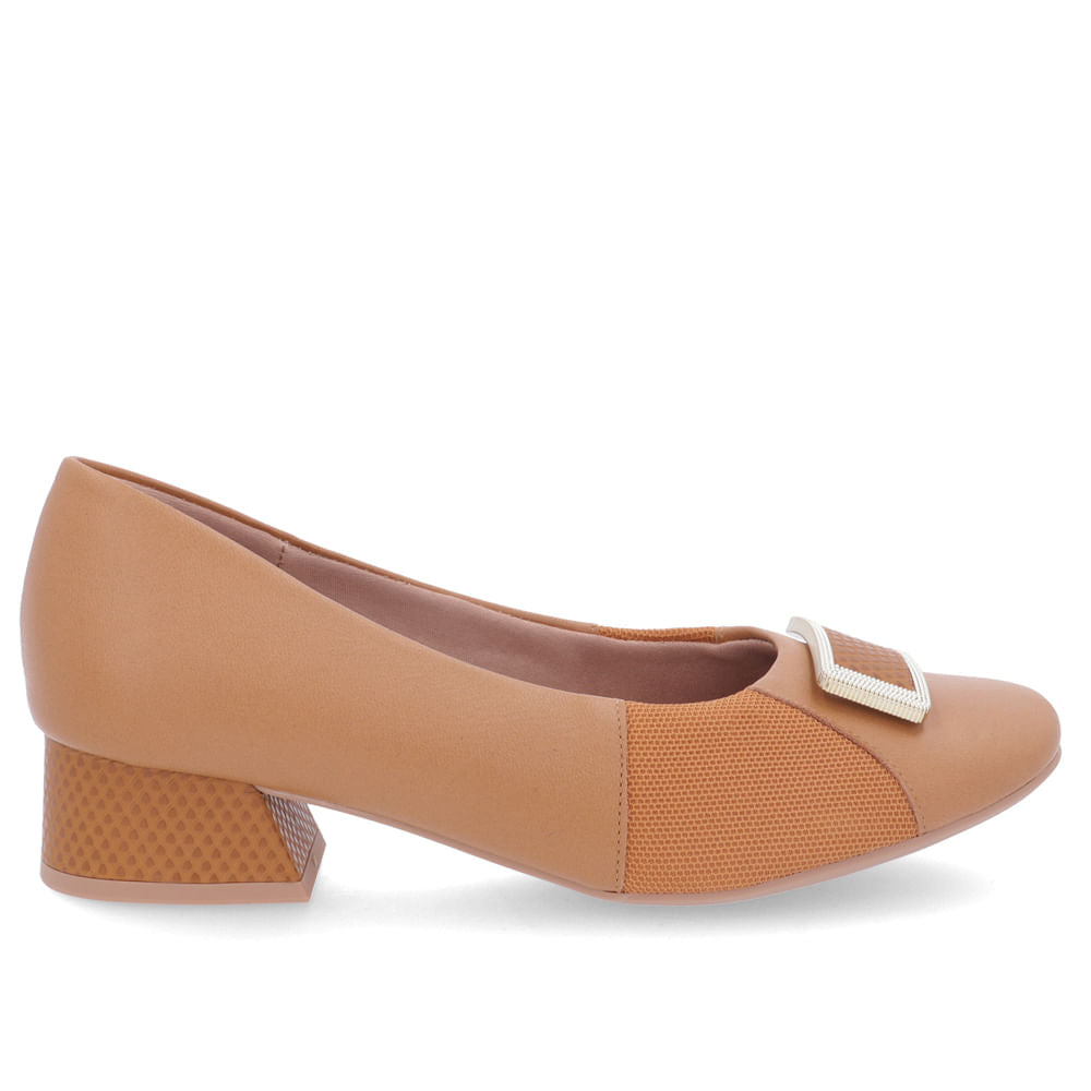 Scarpin Marrom Salto Bloco Couro Lateral Tecido