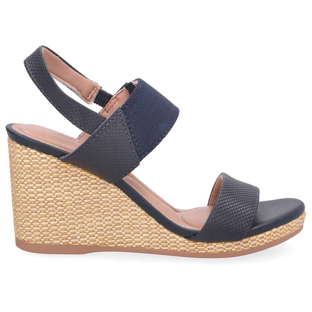 Sandália Anabela Palha Couro Azul