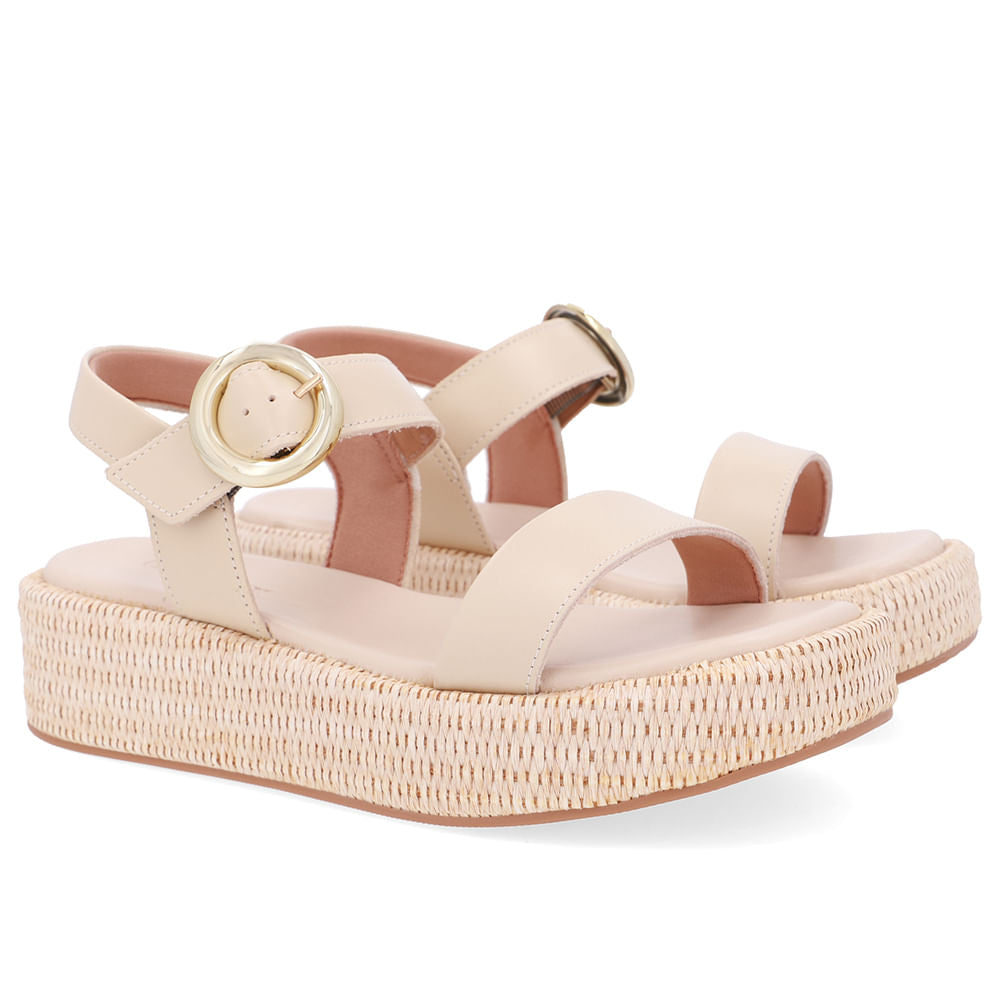 Sandália Plataforma Palha Couro Bege