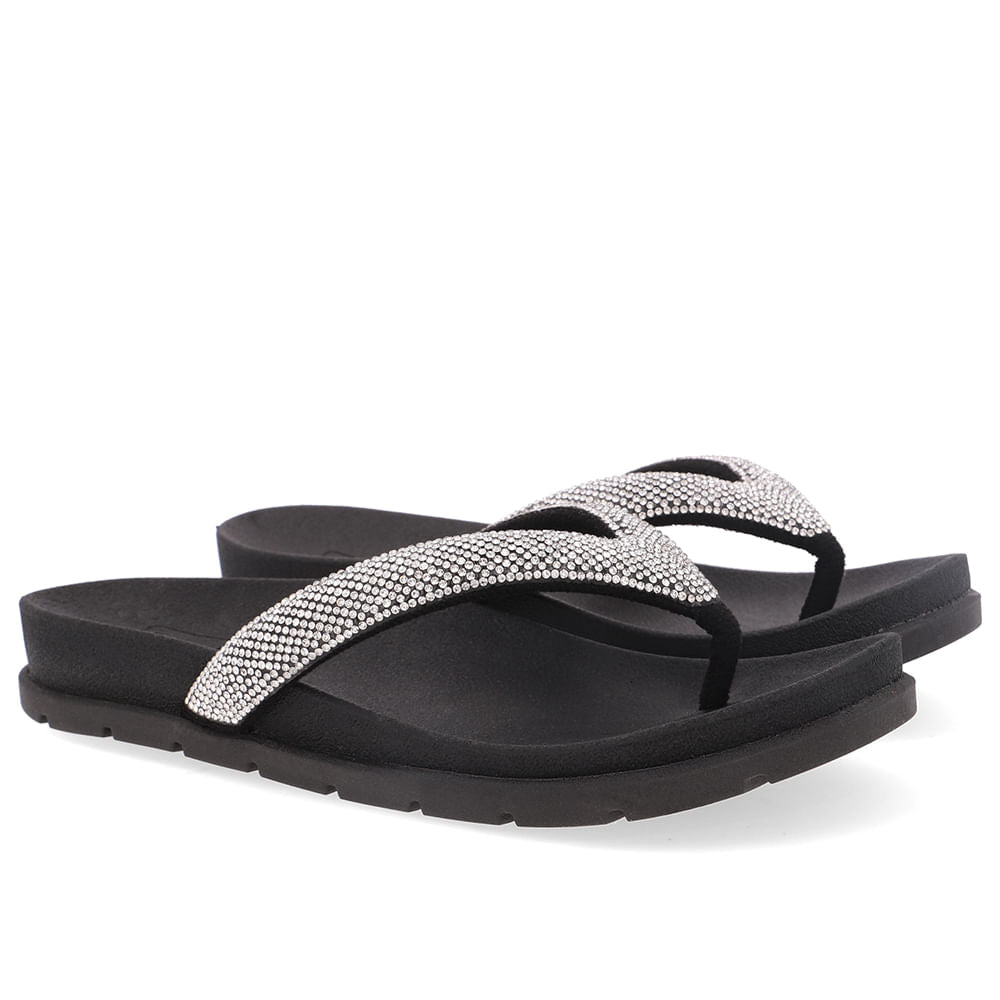 Chinelo Rasteiro Tecido Preto Brilho