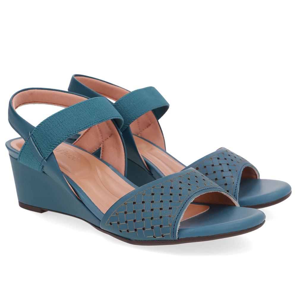 Sandália Salto Anabela Couro Azul Tira Elástico