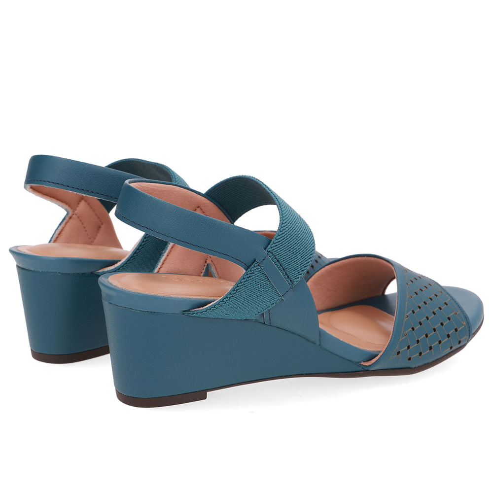 Sandália Salto Anabela Couro Azul Tira Elástico