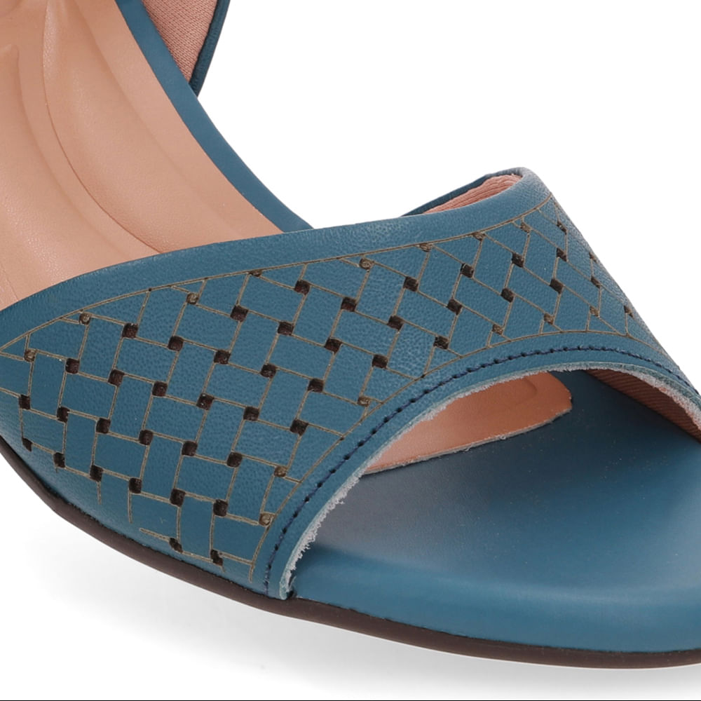 Sandália Salto Anabela Couro Azul Tira Elástico