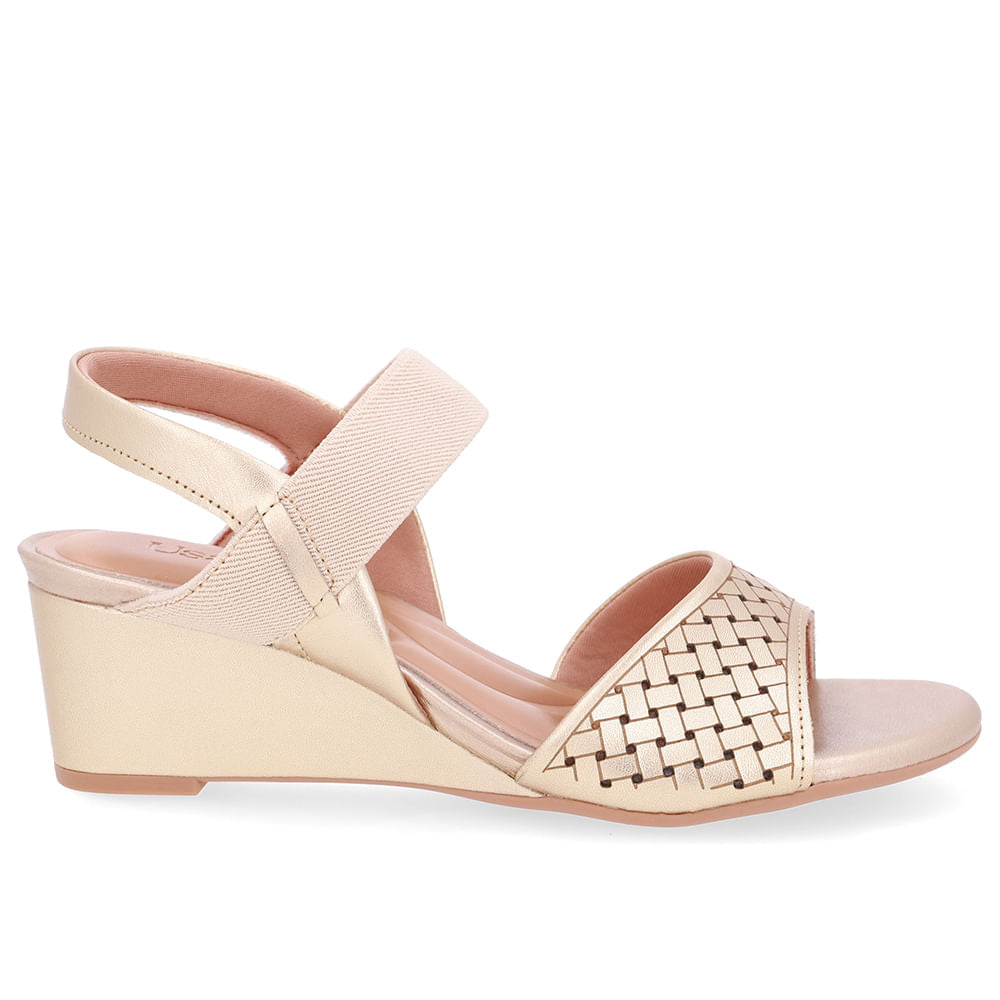 Sandália Salto Anabela Couro Dourado Tira Elástico