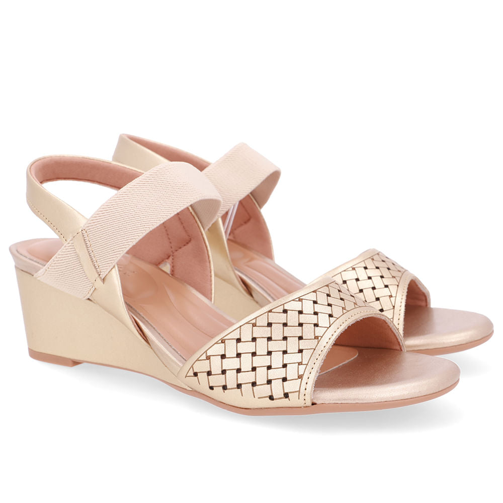 Sandália Salto Anabela Couro Dourado Tira Elástico