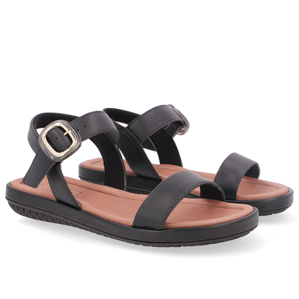 Sandália Baixa Couro Preta Fivela