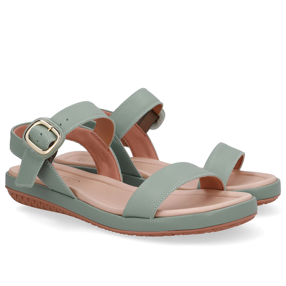 Sandália Baixa Couro Verde Fivela