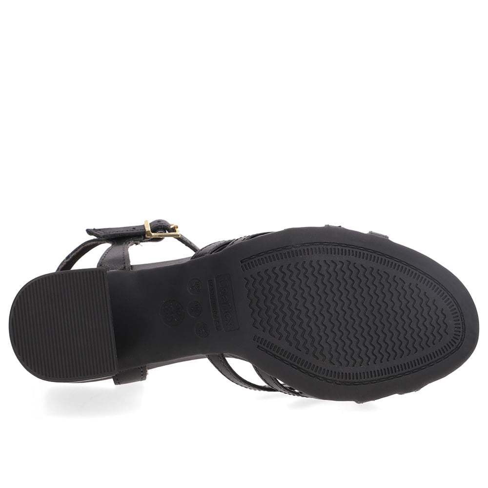 Sandália Bico Redondo Couro Preta Tiras