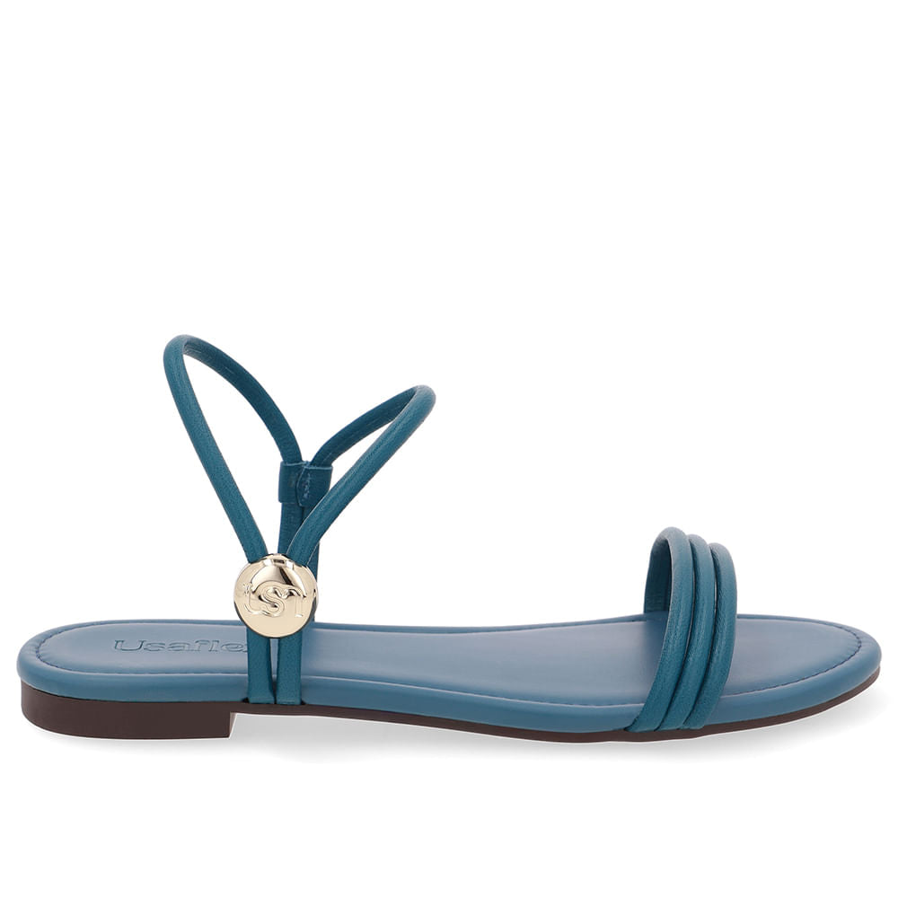 Sandália Rasteira Couro Tiras Azul