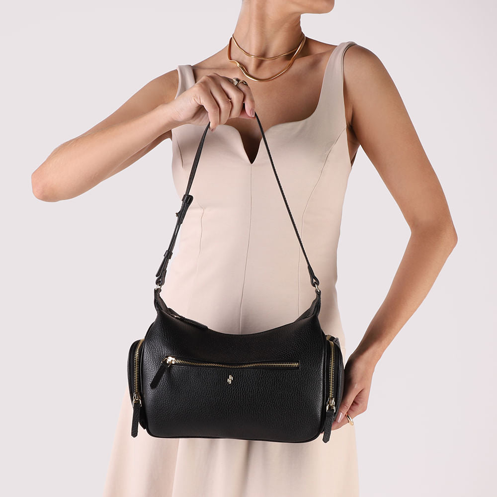 Bolsa Baguete Couro Preta Zíper