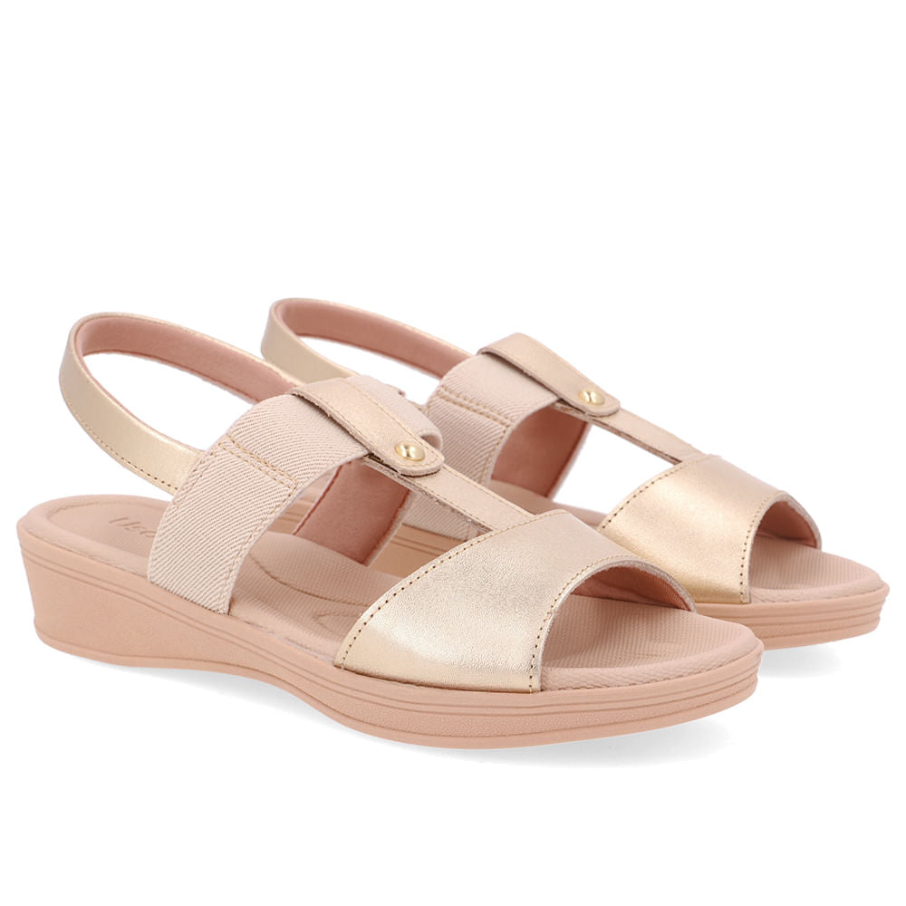 Sandália Salto Baixo Couro Dourada